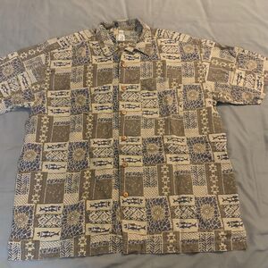 City Streets Shirt Mens XL Brown Blue Hawaiian Aloha Geometric Print Casual